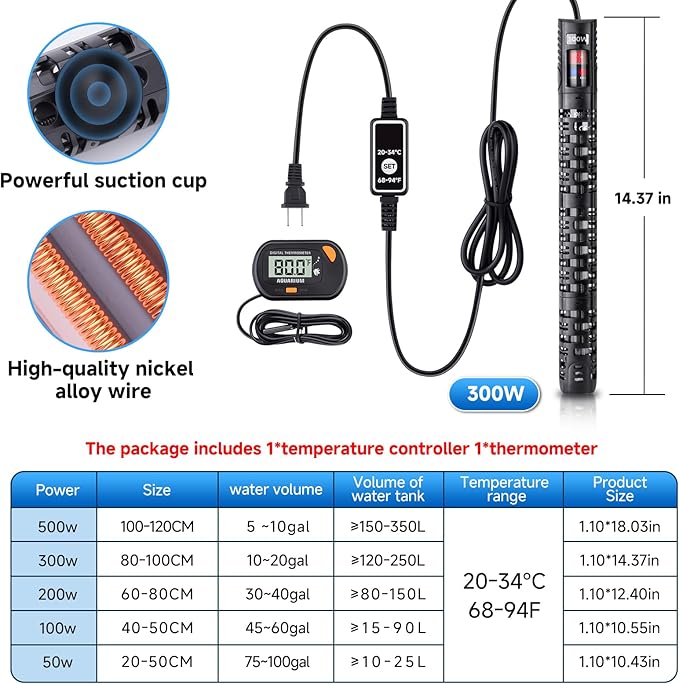 Aquarium Heater Submersible Fish Tank 300W& Turtle Tank Heater with External Adjustment Controller, Included Thermometer, LED Display, Overheat Protection, Detachable Cover, for Saltwater&Freshwater-PawvioPets
