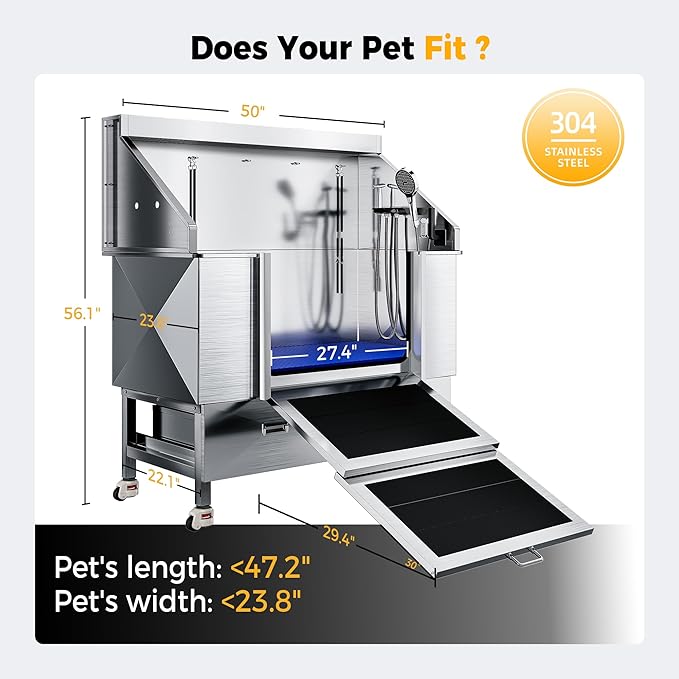 50" Dog Washing Station - 304 Stainless Steel, 27.4" Wide Ramp, Water-Storing Dog Bathing Station w/Swivel Wheels, Pet Proof Faucet, 2 Drawers, Dog Bathtub for Medium & Small Dogs-PawvioPets