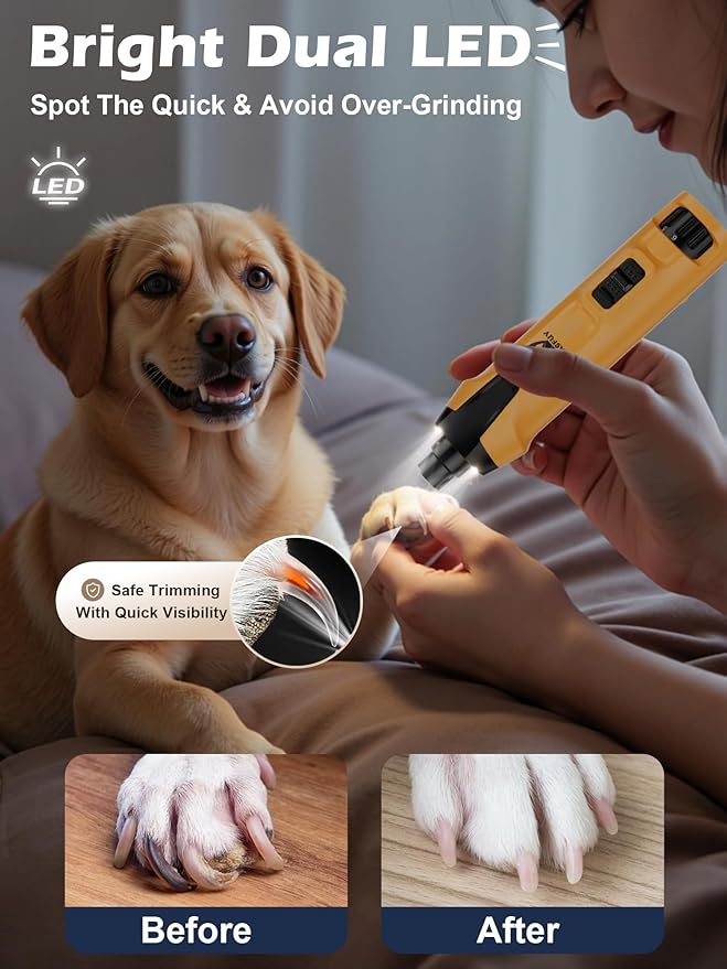 Casfuy 6-Speed Dog Nail Grinder – 50%+ Boost Power Dog Nail Trimmers Quiet with Dust Cap & 2 LED Lights & 2000mAh Battery & 4.8V Motor Electric Pet Toenail File Tool for Large Medium Small Dogs Cats-PawvioPets