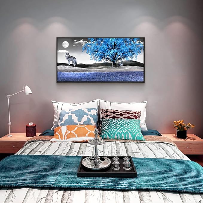 Framed Canvas Wall Art For Living Room Family Wall Decorations For Bedroom Modern Office Wall Decor Paintings Blue Tree Landscape Pictures Artwork Canvas Art Prints Home Decor Black Frame 20" X 40"-PawvioPets