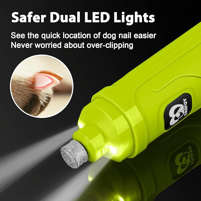 Casfuy Dog Nail Grinder with 2 LED Light - New Version 2-Speed Powerful Electric Pet Nail Trimmer Professional Quiet Painless Paws Grooming & Smoothing for Small Medium Large Dogs(Green)-PawvioPets