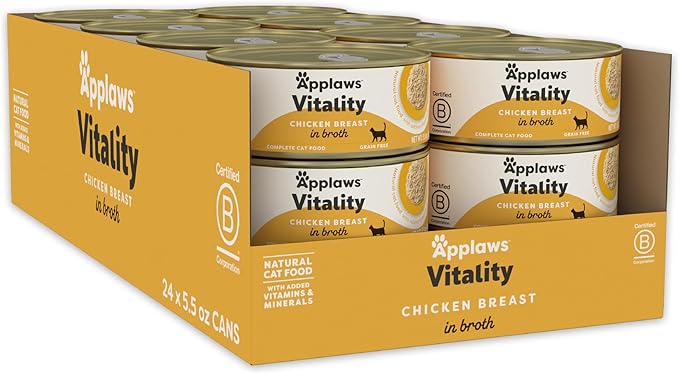 Applaws Vitality Wet Cat Food in Broth, Natural Canned Cat Food, Wet Food for Cats with Added Vitamins and Minerals, Grain Free, Carrageenan Free, Chicken Breast in Broth (24 Count, 5.5oz Cans)-PawvioPets