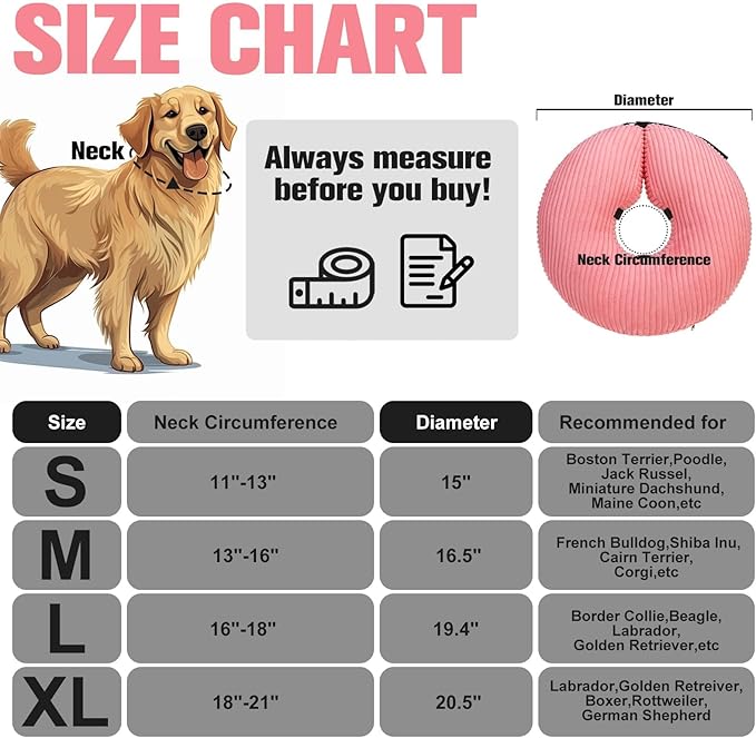 BINGPET Inflatable Dog Cone Collar Alternative After Surgery,Soft Recovery Cone for Dogs to Stop Licking,Protective Neck Donut E Collar Adjustable for Small Medium Large Dogs & Cats(Pink,XL)-PawvioPets