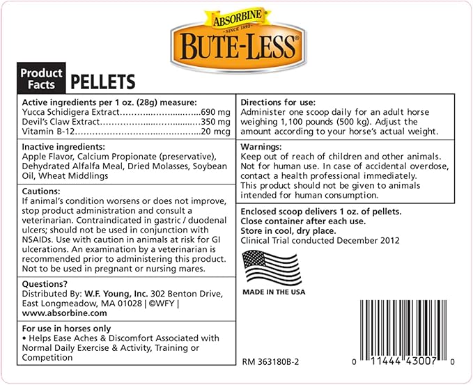 Absorbine Bute-Less Comfort & Recovery Support Supplement, Provides Long-Term Comfort, Gentle on Stomach, Includes Devil’s Claw, Vitamin B-12, Yucca, 10 lb / 160 Day Supply-PawvioPets