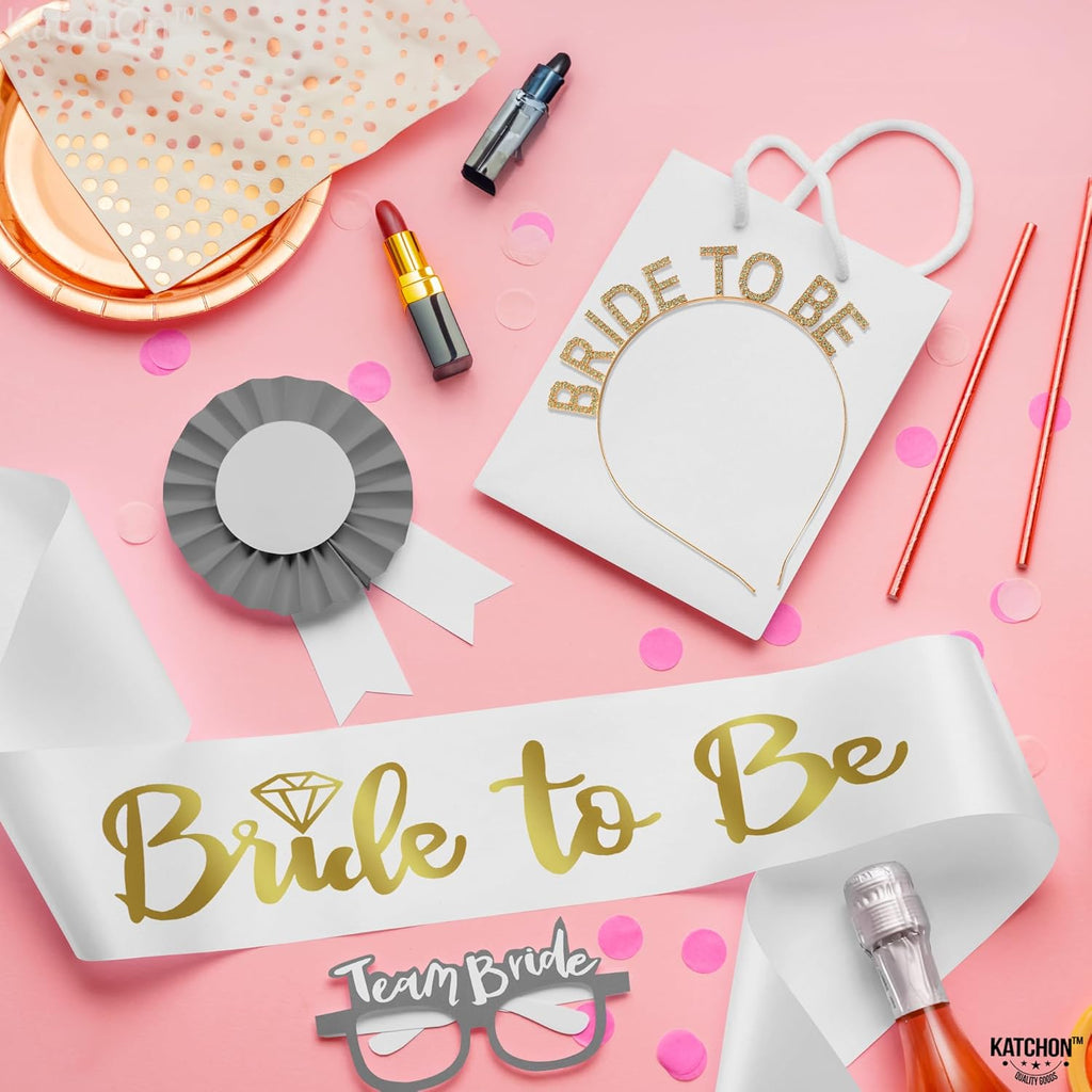 KatchOn, Gold Bride To Be Sash and Headband - Pack of 2 | Bachelorette Sash and Crown for Gold Bachelorette Party Decorations | Bride sash for Bridal Shower Decorations