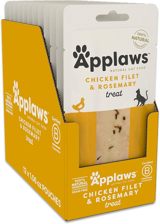 Applaws Natural Cat Treats, Grain-Free, High-Protein Whole Chicken & Rosemary Loins, Single-Ingredient Healthy Snack for Cats (12 x 1.06 oz Loins)-PawvioPets