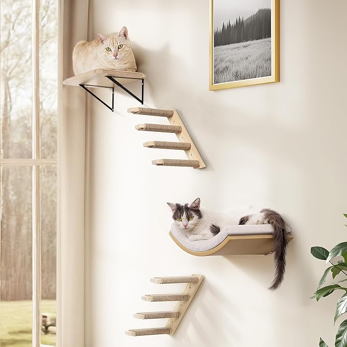 4-Piece Cats Wall Furniture with Cat Window Perch – Wood Wall Mounted Cat Shelves Set with Foam-Padded Curved Bed, Flat Perch & 4-Step Cats Stairs-PawvioPets