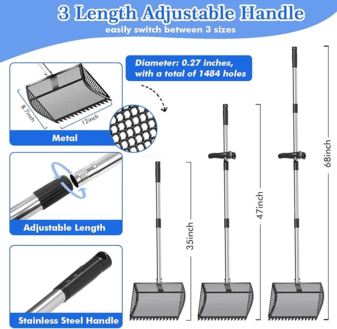 12 Inch Chicken Poop Scooper & Rake 2-in-1, Large Metal Shovel Head, Rubber Handle Stainless Steel Chicken Litter Scoop for Chicken Coops, Litter Screening Scoop (35 to 65in) US Patent Pending (Black)-PawvioPets