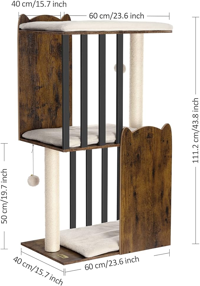 FourFurPets 43.8in 3-Tier Modern Cat Tree Tower Condo, Cat Scratch Posts for Indoor Cats, Big Plate, Two 19.7in Full Sisal Scratching Posts, Rustic Brown-PawvioPets