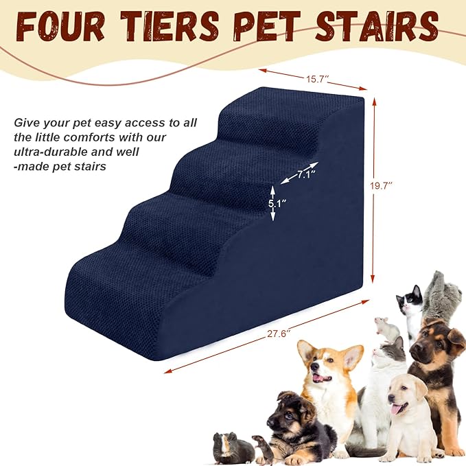 Dog Stairs for Small Dogs - High Density Foam Pet Steps, Extra Wide Dog Ramp with Non-Slip Bottom for High Beds, Couch and Sofa, Best for Dogs Injured, Older Doggy Cats, 4 Steps, Navy-PawvioPets