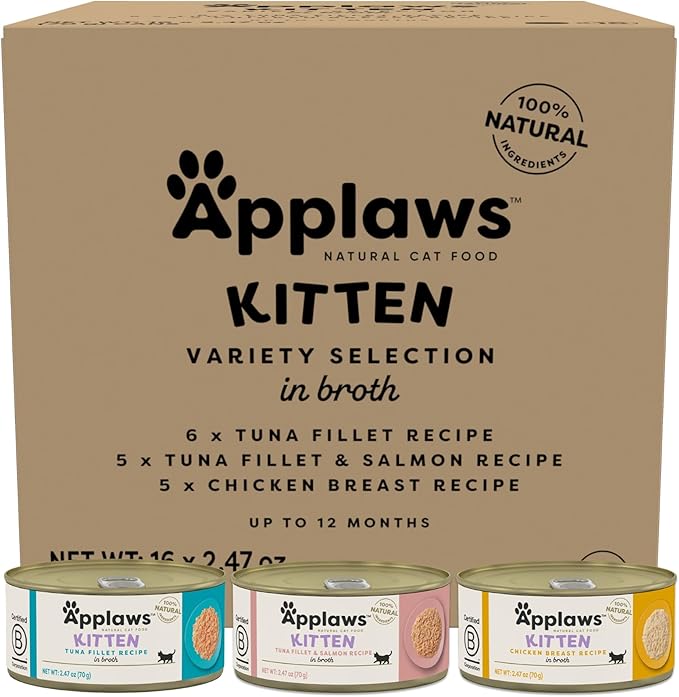 Applaws Natural Wet Cat Food in Broth, Limited Ingredient Canned Wet Cat Food, No Additives, Made with Natural Ingredients, Kitten Variety in Broth Cans (16 x 2.47oz Cans)-PawvioPets