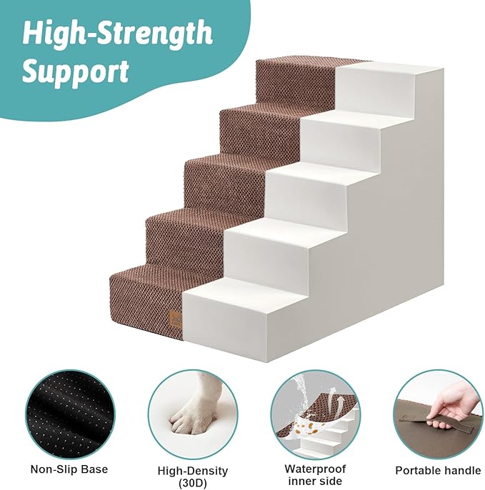 Dog Stairs for Small Dogs, 5 Tier Wider Pet Stairs for High Beds, 23.6" H Non-Slip Dog Steps for Old Cats, Puppies, Small Medium Dogs, 29.5x19.7x23.6 inch, Brown-PawvioPets
