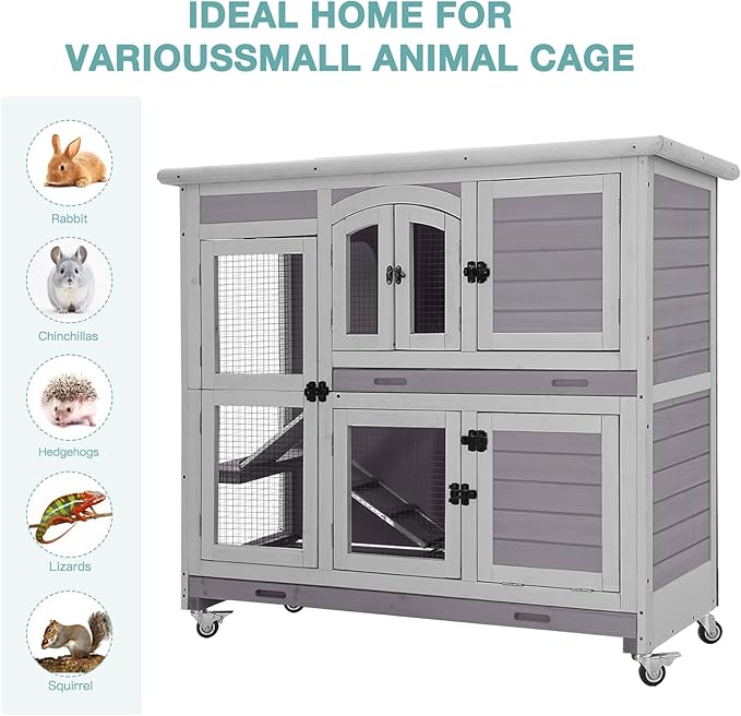 2-Tier Indoor Rabbit Hutch Bunny House Guinea Pig Cage with Sliding Plastic Trays, Wheels & Ramp, 47.2" Multi-Door Wooden Small Animal Cage for Rabbits, Bunnies, and Guinea Pigs (Grey)-PawvioPets