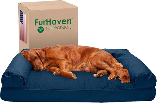 Furhaven Orthopedic Dog Bed for Large Dogs w/ Removable Bolsters & Washable Cover, For Dogs Up to 95 lbs - Quilted Sofa - Navy (Blue), Jumbo/XL-PawvioPets