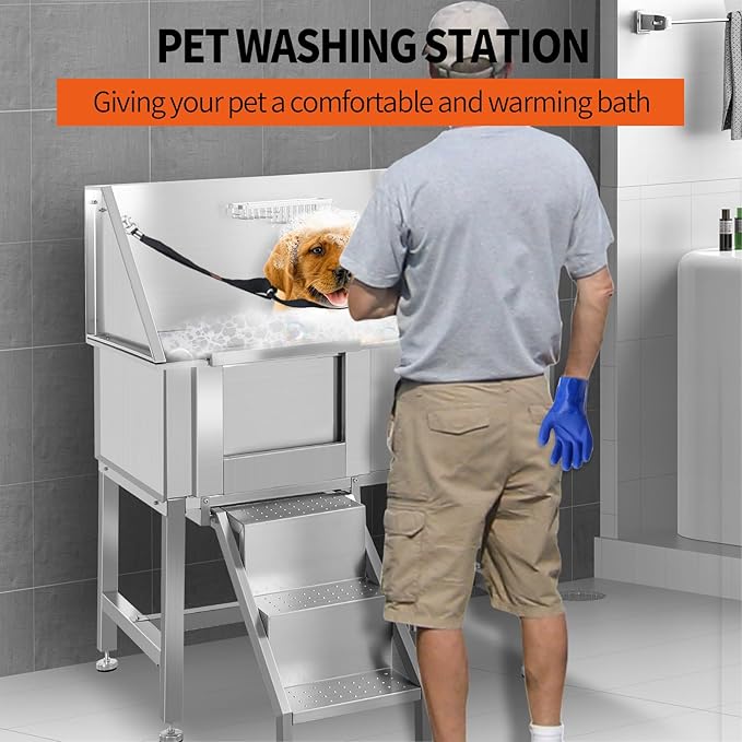 38 Inch Dog Bathing Station for Large Dogs, Stainless Steel Dog Pet Washing Station, Professional Dog Grooming Tub, Pet Wash Bath Station,Left Door-PawvioPets