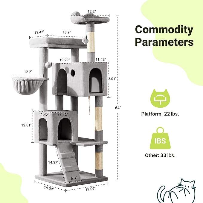 Allewie 64 Inches Cat Tree Tower/Multi-Level Activity Center for Indoor Big Felines/2 Plush Condos/2 Perchs/Basket/House/Sisal Scratching Posts/Hanging Cat Toys/Grey-PawvioPets
