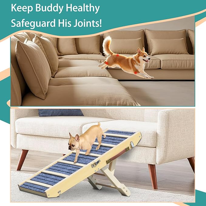 Dog Ramp for Bed, Upgraded 33" Long Portable Dog Ramp for Couch, Wood Folding Pet Ramp for All Breeds Small Old Dogs to Get on Bed, 4 Adjustable Heights 12.9" to 17.7"(Wood, Up to 50lbs)-PawvioPets