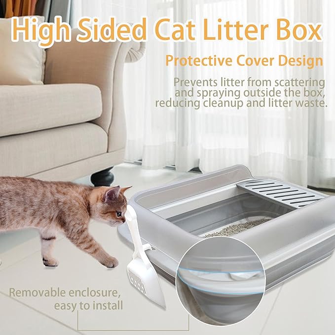 Collapsible Kitten Litter Box, Open High Sided Cat Potty Pan with Scoop Shallow Cat Toilet Anti-Splashing Low Entrance Travel Litter Box with Falling Sand Pedal for Kitty to Senior Cats-PawvioPets
