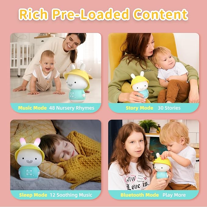alilo Bunny Kids Music Player, Storytelling Toys for Toddler 1-3-5,Infant Baby Boy Girl Gifts Pre-Loaded 30 Stories/48 Nursery Rhymes/12 Soothing Music,with Nightlight,Bluetooth,Record Function-PawvioPets