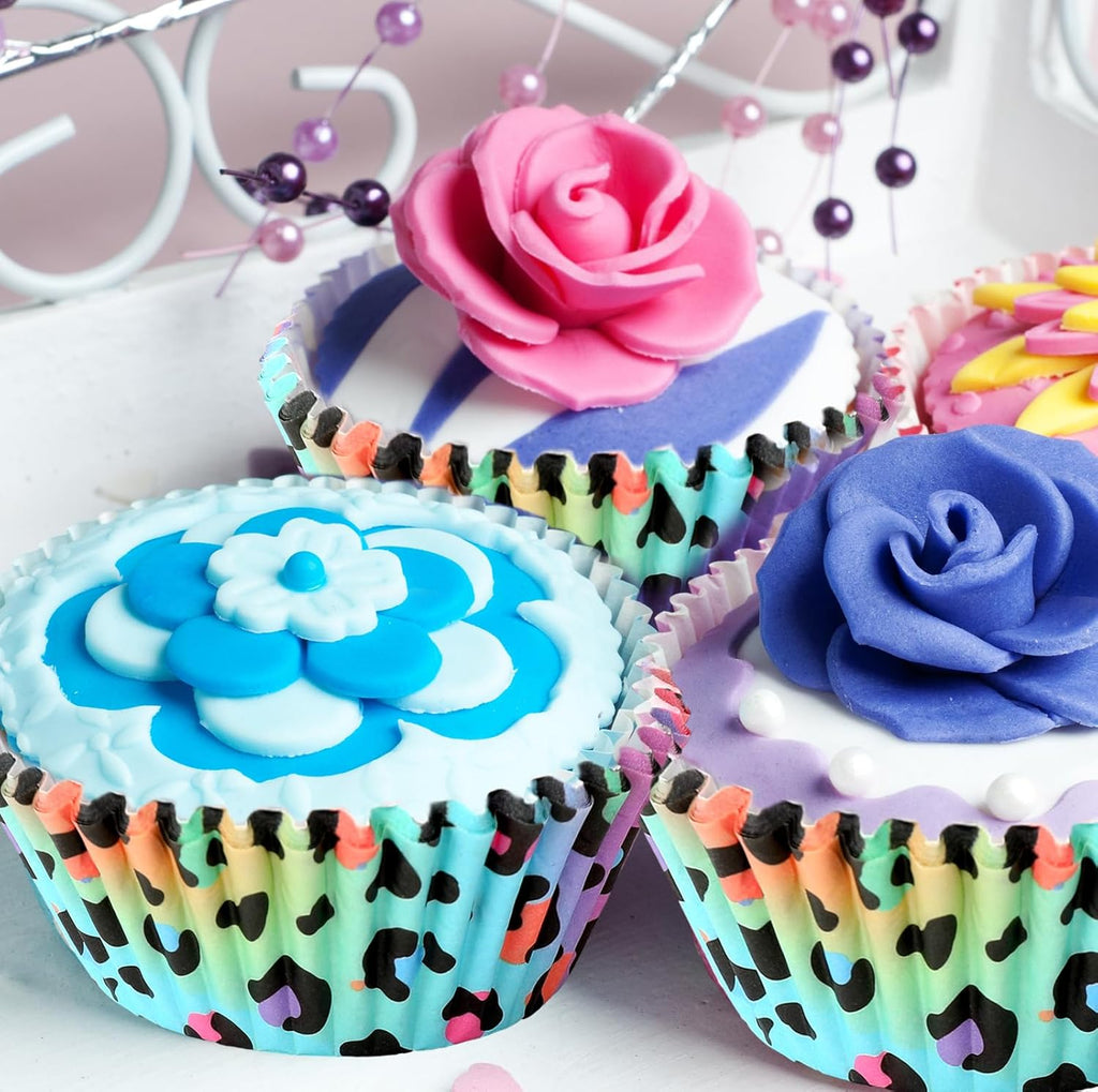 Whaline 300Pcs Leopard Print Cupcake Liner Neon Animal Spot Paper Baking Cup Rainbow Muffin Liner Cake Storage Container For Party DIY Craft, 2 x 1.2 Inch