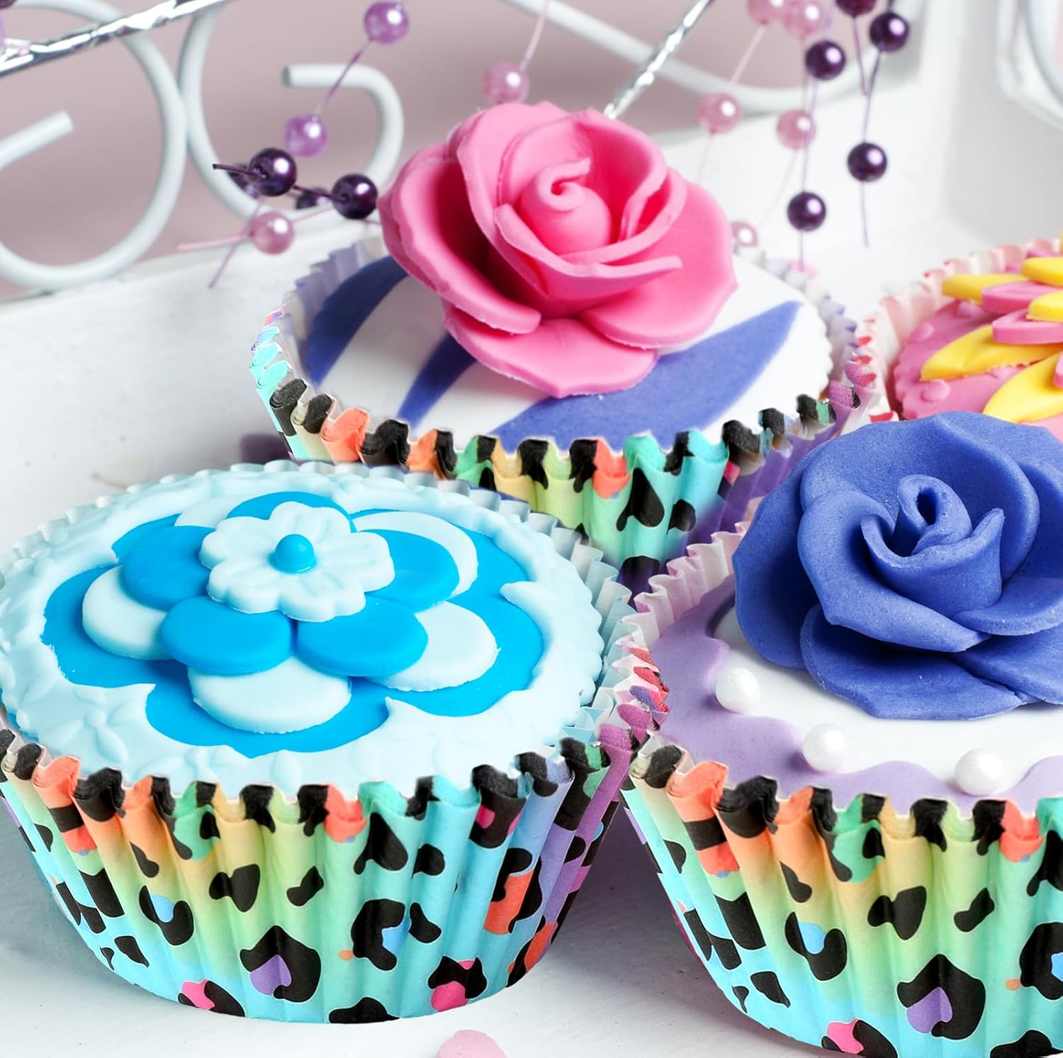 Whaline 300Pcs Leopard Print Cupcake Liner Neon Animal Spot Paper Baking Cup Rainbow Muffin Liner Cake Storage Container For Party DIY Craft, 2 x 1.2 Inch