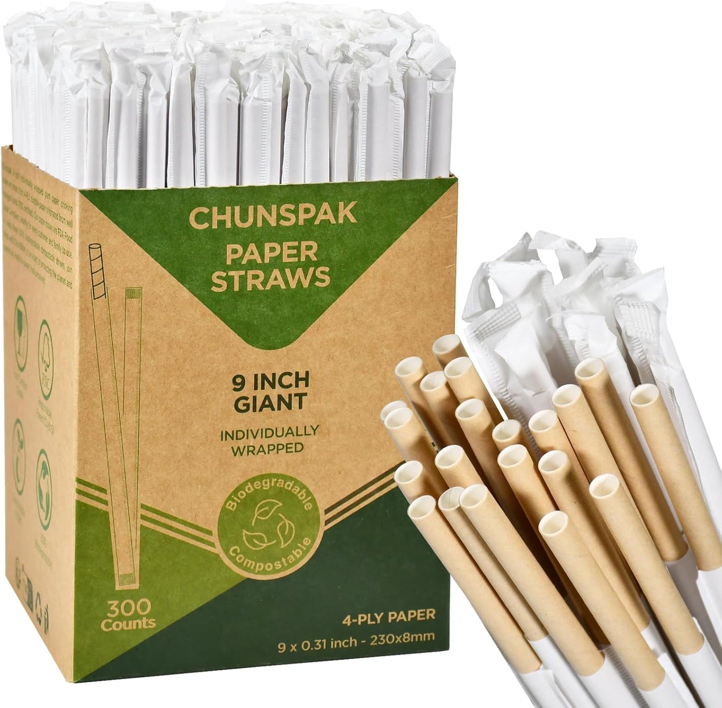 9'' x 0.31'' Giant Paper Drinking Straws Individually Wrapped 300 Counts, Dye-free Brown Kraft - 4 Ply Thick Paper