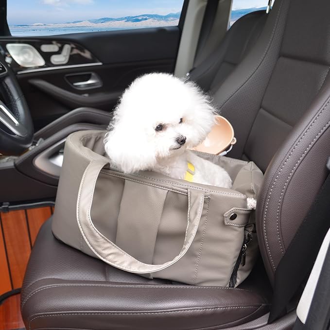 2 and 1 Center Console Dog Car Seat & Carrier for Small Dogs, Large Leather Dog Car Bed with Storage Pocket, Waterproof PVC Leather Seat Travel Bed for Front & Back Seat, Clip-On Safety Leash-PawvioPets