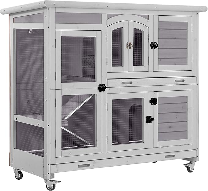Aivituvin Rabbit Hutch Indoor, Bunny Cage with Wheels, 2-Story Design, 2 Deep Trays, Anti Slip Ramp, Ideal for Small Animals - Grey-PawvioPets