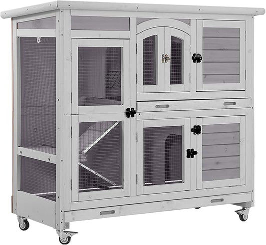 Aivituvin Rabbit Hutch Indoor, Bunny Cage with Wheels, 2-Story Design, 2 Deep Trays, Anti Slip Ramp, Ideal for Small Animals - Grey-PawvioPets