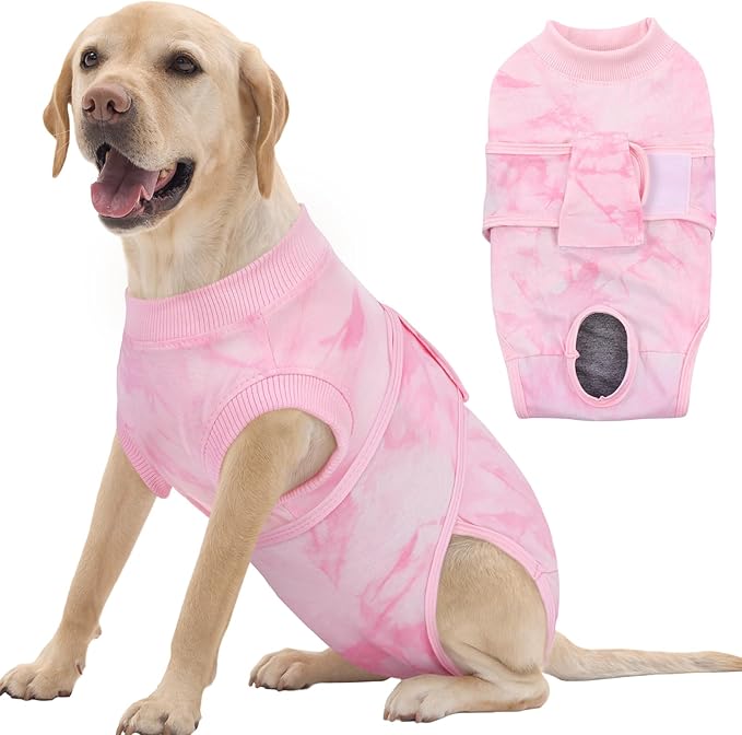 FUAMEY Recovery Suit for Dogs After Surgery,Soft Breathable Dog Bodysuit E-Collar & Cone Alternative Surgical Suit,Male Female Dog Neuter Spay Suits Anti Licking Wounds Onesie Pink Tie Dye XXL-PawvioPets