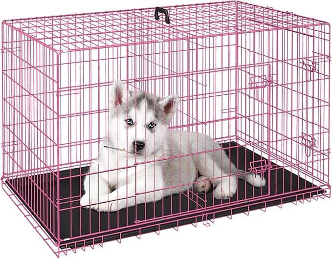 FDW Dog Crate for Small Dogs 24 Inch Folding Metal WirePet Cage Double Door W/Divider Panel Indoor Outdoor Kennel Leak-Proof Plastic Tray,Pink-PawvioPets