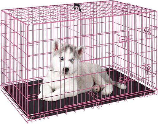 FDW Dog Crate for Small Dogs 24 Inch Folding Metal WirePet Cage Double Door W/Divider Panel Indoor Outdoor Kennel Leak-Proof Plastic Tray,Pink-PawvioPets