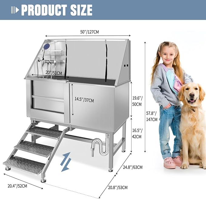 50" Pet Dog Bathing Station W/Ramp, Professional Stainless Steel Dog Grooming Tub W/Soap Box, Faucet,Rich Accessory, Dog Bathtub for Large,Medium,Small Pets, Washing Sink for Home (50" Left ramp)-PawvioPets