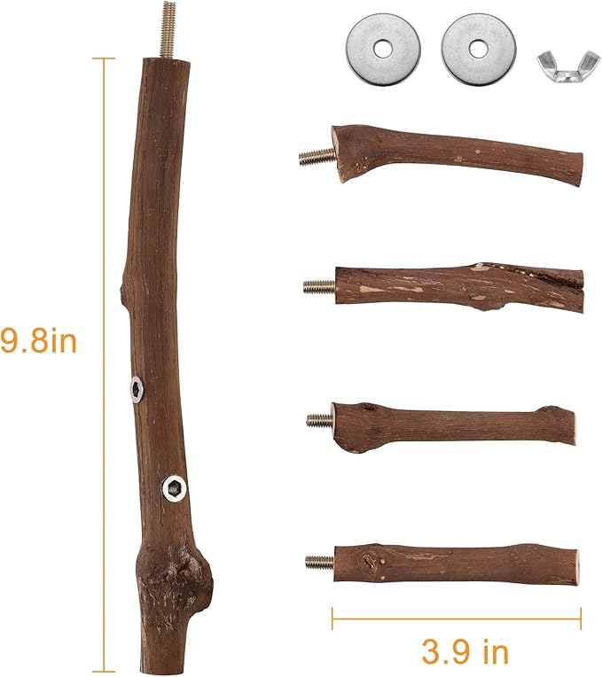 Bird Perch Stand Toy, Natural Grapevine Wood Parrot Perch Bird Cage Branch Accessories for Parakeets Cockatiels Conures Macaws Finches Love Birds(9.8" Length)-PawvioPets