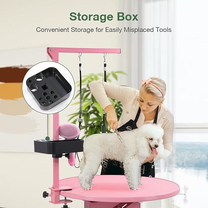 Electric Hydraulic Lift Pet Dog Grooming Table, 24Inch Grooming Desktop for Small Dogs, with Overhead Arm, Wireless Remote, Tool Organizer, Pink-PawvioPets