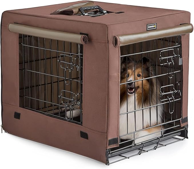 DONORO Dog Crates for Medium Large Size Dogs Indoor Double Door Dog Kennels & Houses for Puppy and Cats, Collapsible Metal Contour Dog Cages (Brown, 36.0" L x 23.0" W x 25.0" H)-PawvioPets