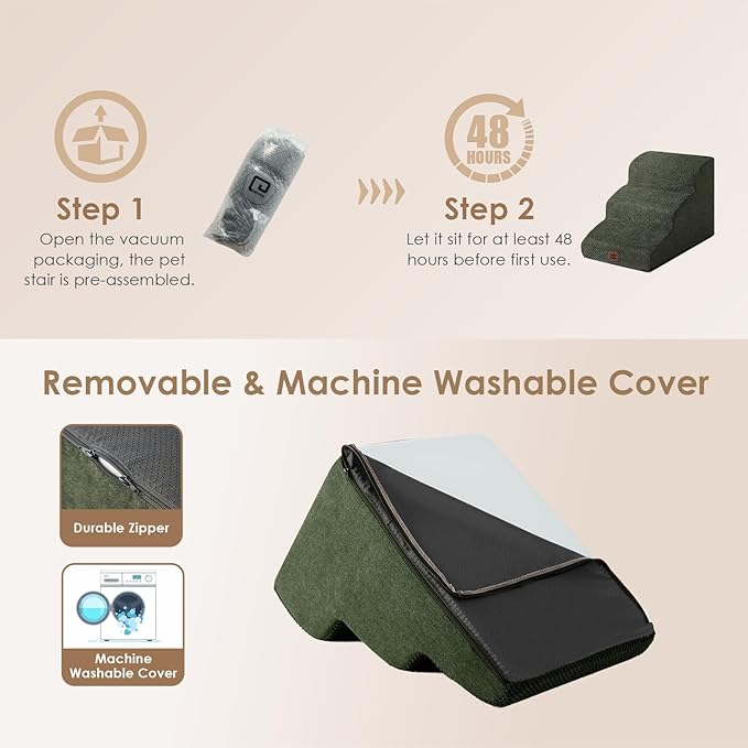 EHEYCIGA Curved Dog Stairs Ramp for Small Dogs 15.7" H, 3-Step Dog Steps for Couch Sofa and Chair, Pet Stairs for Cats, Non-Slip Balanced Pet Steps Indoor, Olive Green-PawvioPets