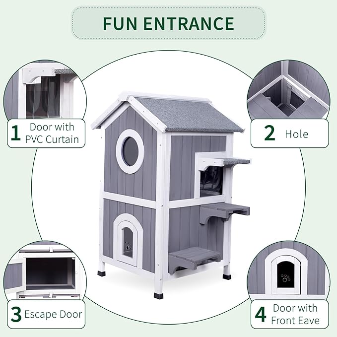 GEGURI Outdoor Cat House Weatherproof, Wooden Two-Story Feral Cat Shelter with Openable Roof, Escape Door, Balcony-PawvioPets