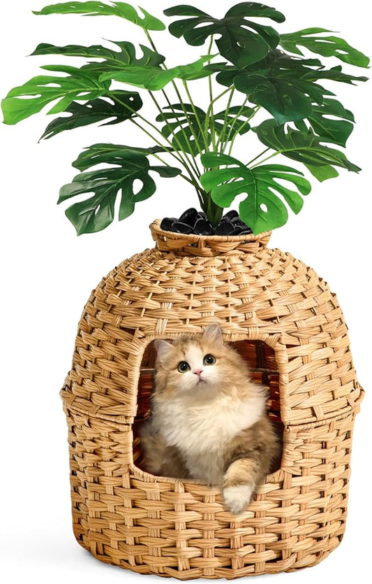 Cat Litter Box Plant Furniture Enclosure, Hidden Handwoven Rattan with Cat Litter Box and Artificial Plants, Odor Control Filter, Real Stones in Living Room, Bedroom, Corner Natural-PawvioPets