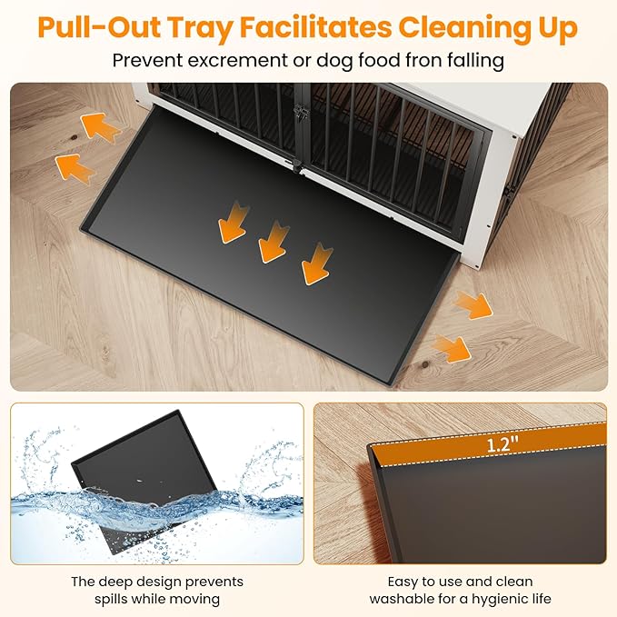 Dog Crate Furniture, Large Dog Crate Furniture, Wooden Cage Kennel Furniture Indoor, Modern Dog Crate with Multi-Purpose Removable Tray, Double-Doors Dog Furniture, End table dog crate, White-PawvioPets