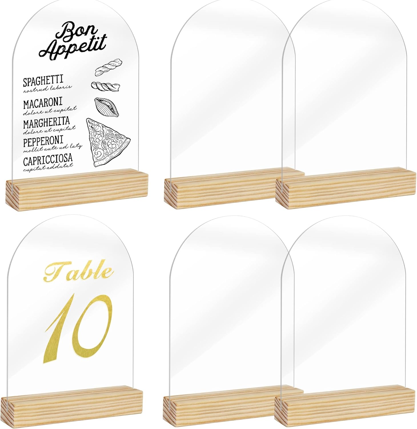 Clear Acrylic Sign with Wooden Stand Table Numbers DIY, 10 Pack Acrylic Sheets Table Signs for Wedding, 5x7 Inch Arch Signs Blank for Restaurant Party Bridal Shower (No printing included)