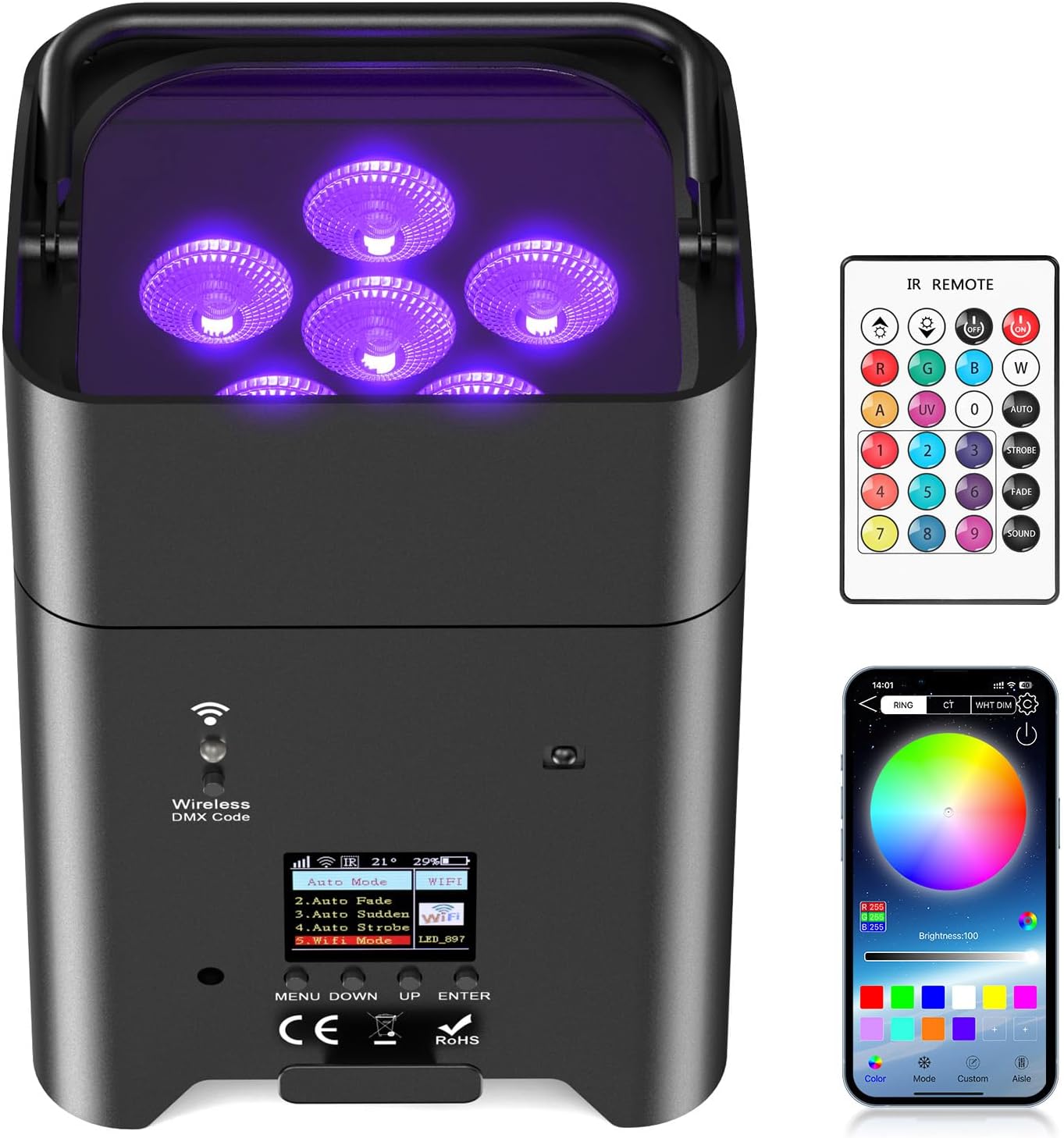 9600mAh Wireless Uplights, 6x18W RGBWA UV Rechargeable Stage Lights, APP/DMX512/Remote Controlled Par Lights, Battery Powered Uplights for Show, Party, Festival, Event