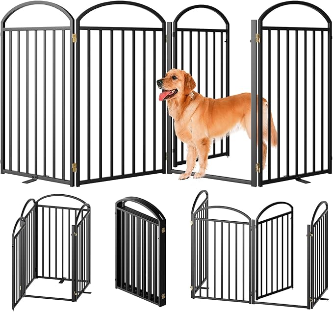 4 Panles Full Matel Freestanding Dog Gates with Door, 96"Extra Wide 36"Tall Free Standing Dog Pet Gate for Indoor & Outdoor. Foldable Pet Fences for Doorways, House, Stairs, Porch, Deck, Yard-PawvioPets