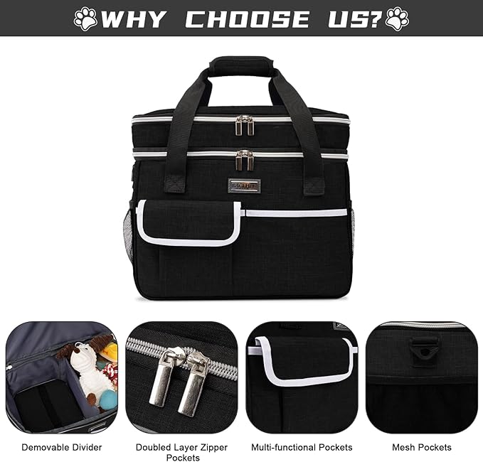 BAGLHER Dog Travel Bag for Supplies - Double-Layer Airline Approved Weekend Pet Travel Organizer Set for Dog and Cat Tote with 2 Pet Food Containers and 2 Collapsible Silicone Bowls Black-PawvioPets