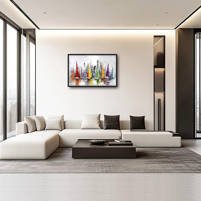 Framed Large Sailboat Wall Art for Living Room, Oversized Abstract City Wall Decor Colorful Sailboat Canvas Painting Pictures Modern Artwork for Living Room Bedroom Office Dinging Room 36"x24"-PawvioPets