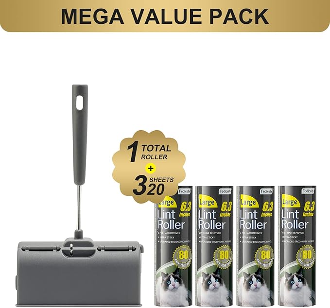 Fedicelly Lint Rollers Pet Hair Extra Sticky Furniture,Cat Dog Hair Remover Laundry Clothes Carpet, 6.3 inches Wider with 320 Sheets Large Lint Remover Brush for Couch-PawvioPets