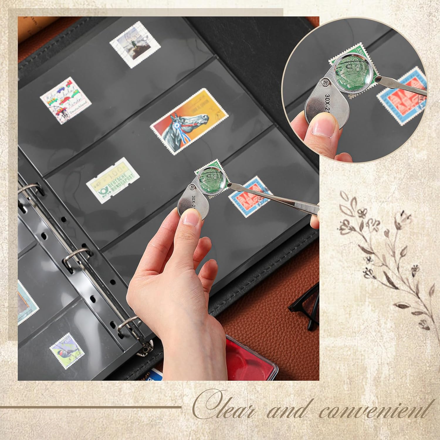 Lewtemi Stamp Collecting Albums Set Stamp Collection Book Include 20 Pages Album Binder Tweezer and Loop Magnifier Collecting Supplies for Collectors(Black,1/2/3/4 Rows)