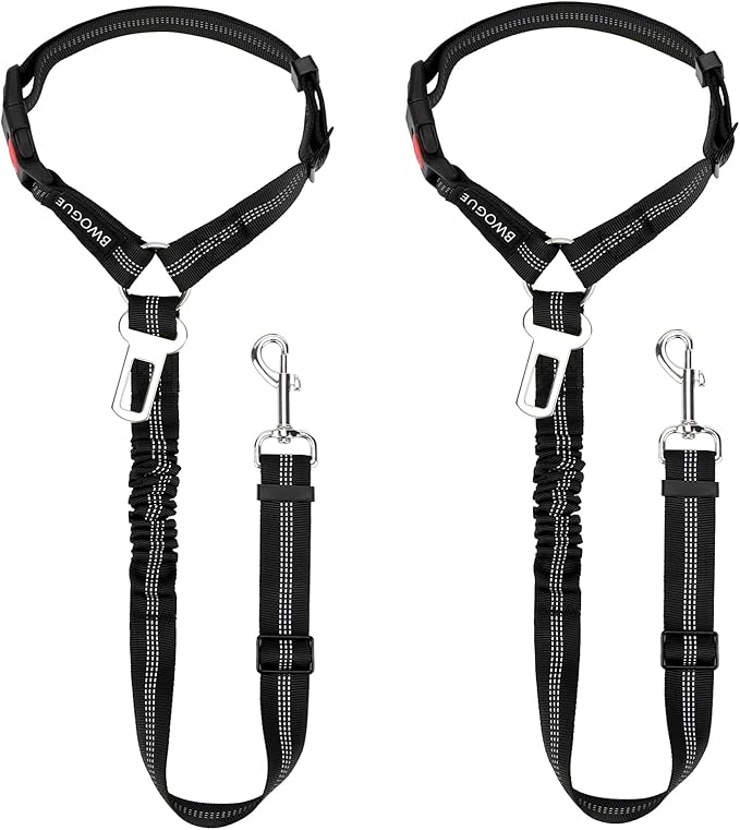 BWOGUE 2 Piece Dog Seat Belt for Car with Elastic Bungee Buffer Safety Seatbelt Car Headrest Restraint Wear Adjustable Metal Buckle Harness in Vehicle Travel for Pet-PawvioPets