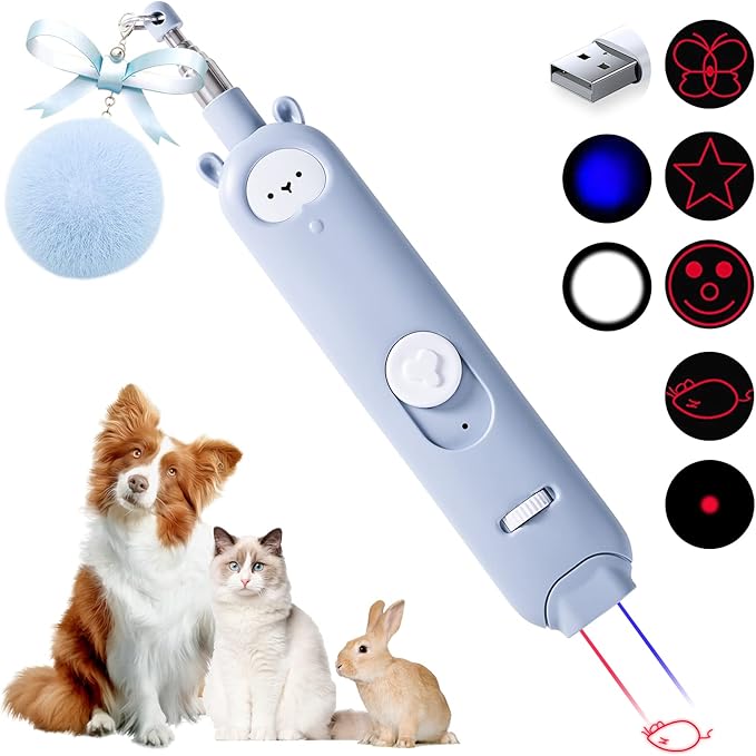 Cat Laser Toys, 2 in 1 Laser Pointer Cat Toys,Internative Cat Toys for Indoor Cats,3+5 Light Modes Cat Wand Toy, Retractable Cat Feather Toys, Long Range Kitten Toys,USB Rechargeable (Blue)-PawvioPets