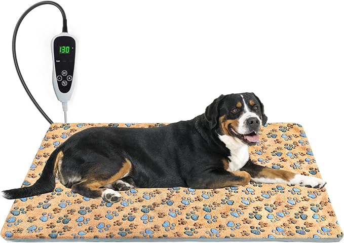 Dog Heating Pad，47×30 in Waterproof PVC Large Heating Pad for Dogs，Smart Thermostat Heated Dog House，Reinforced Interface + Wire Rope Whelping Box for Dogs,Plush Fabric Cover-Apricot-PawvioPets